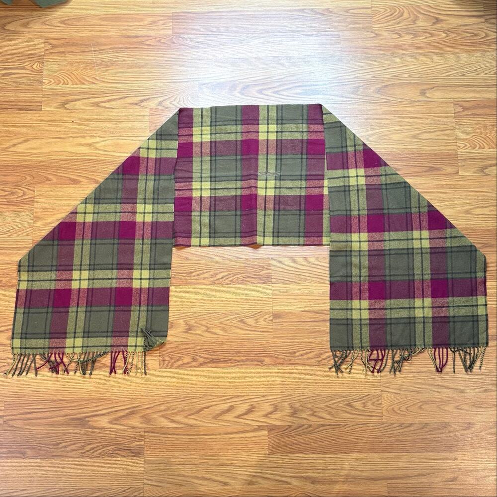 Vintage 1990s Polo Ralph Lauren 100% Lambswool Plaid Scarf Fringed Green Tan Red